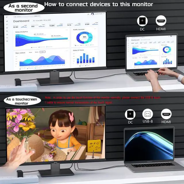Alt view image 5 of 5 - 27 Inch Touch Screen Monitor 2K 240Hz QHD 2560x1440 IPS Computer Monitor, HDMI & Type C & USB & DisplayPorts, 10-Point Multi Touch PC Display for Business & Gaming, Frameless, 240Hz, VESA