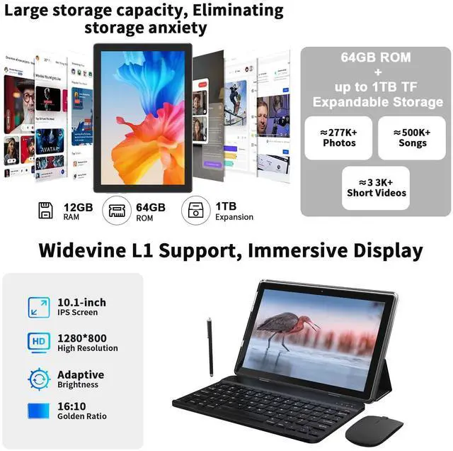 Alt view image 4 of 5 - Android 15 Tablet 10 Inch, 12(3+9) GB RAM+64GB ROM, 2 in 1 Tablets with Keyboard Case Mouse Stylus, 1.8GHz Five-core Processor, 1280 * 800 IPS HD Screen, 5G WiFi6 BT 5.3, 8MP Camera Tableta PC