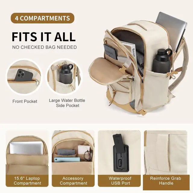 Alt view image 4 of 5 - SUIKIHUM Carry on Travel Backpack, Flight Approved Personal Item Bag for Men Women, Door Lock, USB A/C Port, Shoe Bag, Fits 16" Laptop, Beige