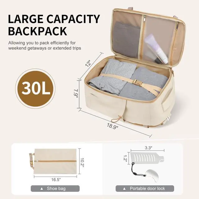 Alt view image 3 of 5 - SUIKIHUM Carry on Travel Backpack, Flight Approved Personal Item Bag for Men Women, Door Lock, USB A/C Port, Shoe Bag, Fits 16" Laptop, Beige