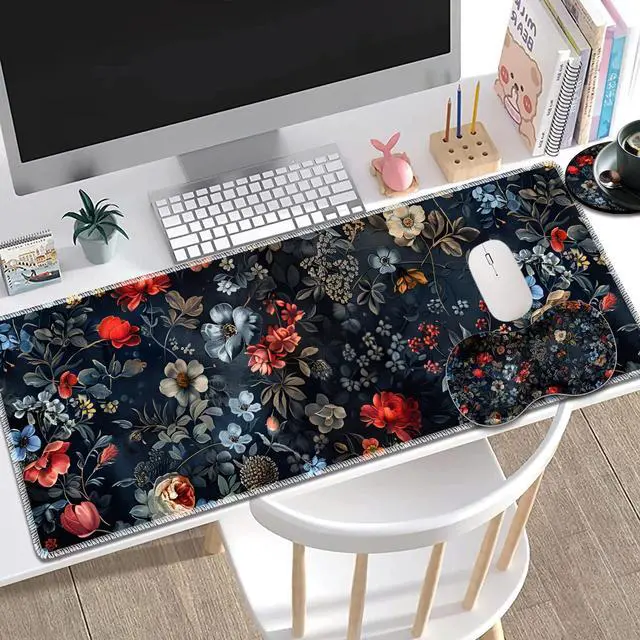 Alt view image 2 of 5 - Large Gaming Mouse Pad + Mouse Wrist Rest Pad + Coaster Combination, 31.5 "x 11.8" Durable Non-Slip Extension Table Mat, Suitable for Office and Home, Black Flower