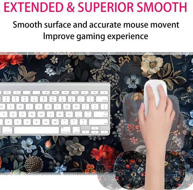 Alt view image 4 of 5 - Large Gaming Mouse Pad + Mouse Wrist Rest Pad + Coaster Combination, 31.5 "x 11.8" Durable Non-Slip Extension Table Mat, Suitable for Office and Home, Black Flower
