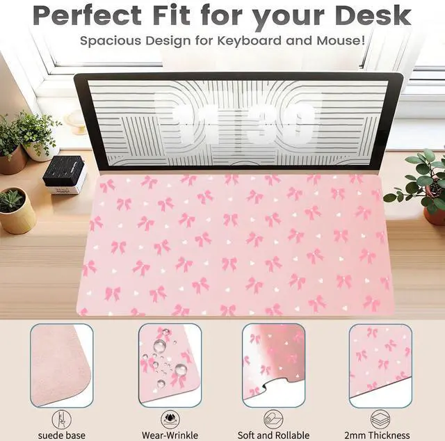 Alt view image 3 of 5 - Cozynestcy Kawaii Cute Bow Desk Pad 27.6''X13.8''Aesthetictrendy Desktop Pad Pu Leather Large Mouse Mat Fashion Print Soft Waterproof Non-Slip Table Mat for Girls Women Office Home Work Computer Game