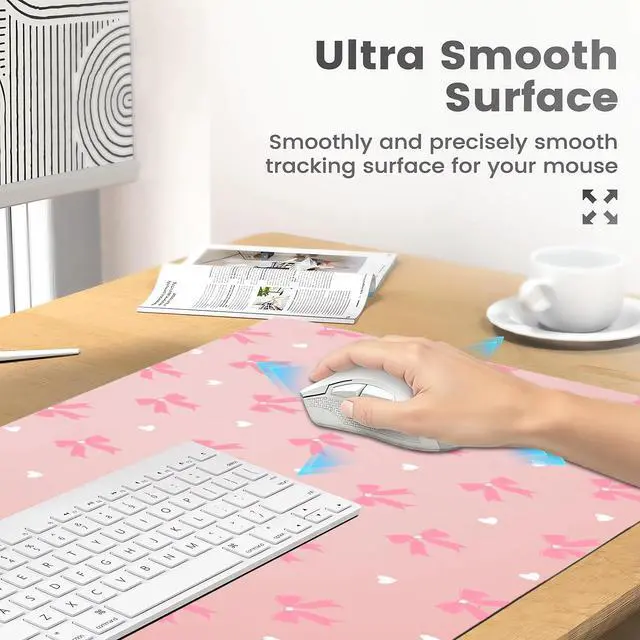 Alt view image 4 of 5 - Cozynestcy Kawaii Cute Bow Desk Pad 27.6''X13.8''Aesthetictrendy Desktop Pad Pu Leather Large Mouse Mat Fashion Print Soft Waterproof Non-Slip Table Mat for Girls Women Office Home Work Computer Game