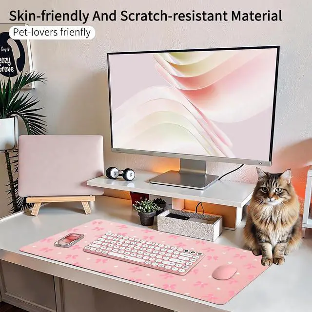 Alt view image 5 of 5 - Cozynestcy Kawaii Cute Bow Desk Pad 27.6''X13.8''Aesthetictrendy Desktop Pad Pu Leather Large Mouse Mat Fashion Print Soft Waterproof Non-Slip Table Mat for Girls Women Office Home Work Computer Game