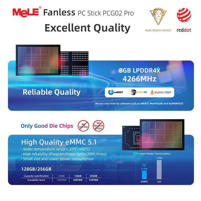 Alt view image 5 of 5 - MeLE Reddot Winner PCG02 Pro Slim Fanless N100 Mini PC Stick 8GB LPDDR4x 128GB Micro Computer Stick 2X HDMI 4K WiFi 5 BT5.1 Gigabit Ethernet, Support PD3.0 Protocol, on IoT, Digital Signage, MES, WMS