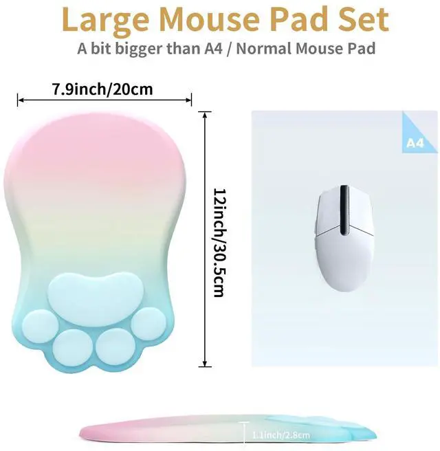 Alt view image 4 of 5 - L-SPOUTTO Ergonomic Mouse Pad with Wrist Rest,Cute Cat Paw Mousepad Wrist Support,Comfortable Massage Design Computer Pain Relief Mouse Pad with Non-Slip PU Base for Desk Laptop Gaming,Rainbow