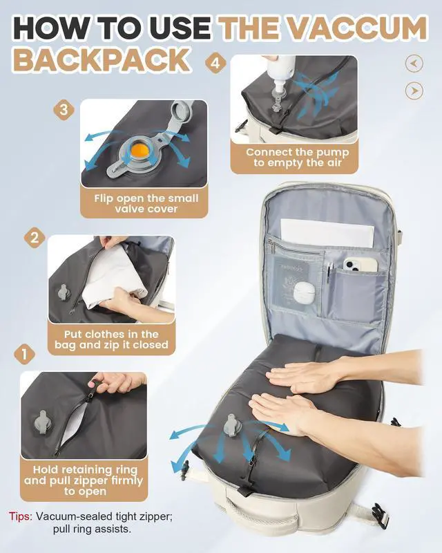 Alt view image 3 of 5 - Vacuum Seal Travel Backpack with Air Pump,Compression Vacpack Waterproof Carry On Backpack for Travel Women Men with Vacuum System,Airlines Approved Daypack Laptop Space Saver Bags,Beige