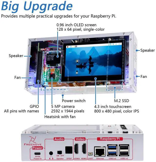 Alt view image 3 of 5 - FREENOVE Raspberry Pi 5 Case with Screen (4.3'' Touchscreen), 128GB M.2 NVMe SSD 800 MB/s, 5 MP Camera, OLED Screen, Stereo Speakers, 3.5 mm and Optical Audio (S/PDIF)
