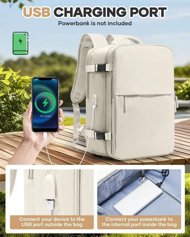 Alt view image 4 of 5 - Vacuum Seal Travel Backpack with Air Pump,Compression Vacpack Waterproof Carry On Backpack for Travel Women Men with Vacuum System,Airlines Approved Daypack Laptop Space Saver Bags,Beige
