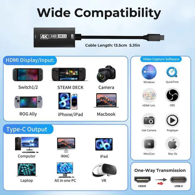 Alt view image 3 of 5 - Guermok 4K USB3.0 Video Capture Card with PD 100W, 4K@60FPS or 2K@144FPS HDMI to USB-A/C Capture Card for Streaming, Works with Pad, Tablet, MacOS, Switch2/1, Laptop, PC, Camera, VR, Black