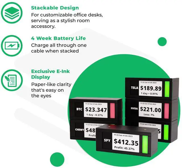 Alt view image 2 of 5 - Stock Ticker with E-Ink Screen and WiFi Connectivity - Stackable Design for Room Accessories and Office Decor. Finance Tech Gadgets, with: 2.9inch - (Single)