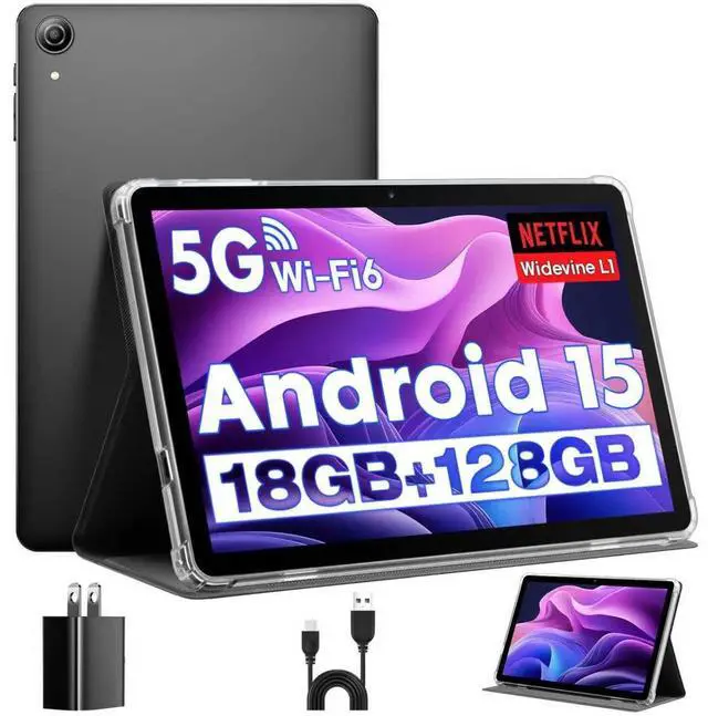 Main image of Tablet Android, Android 15 Tablet 10 Inch Tablets, Tablets for Adults, Octa-Core, 18GB RAM+128GB ROM+1TB Expand, 1280x800 IPS Display, , Widevine L1, GPS, 2.4G/5G WiFi, 5MP+8MP Camera, BT5.4, Black