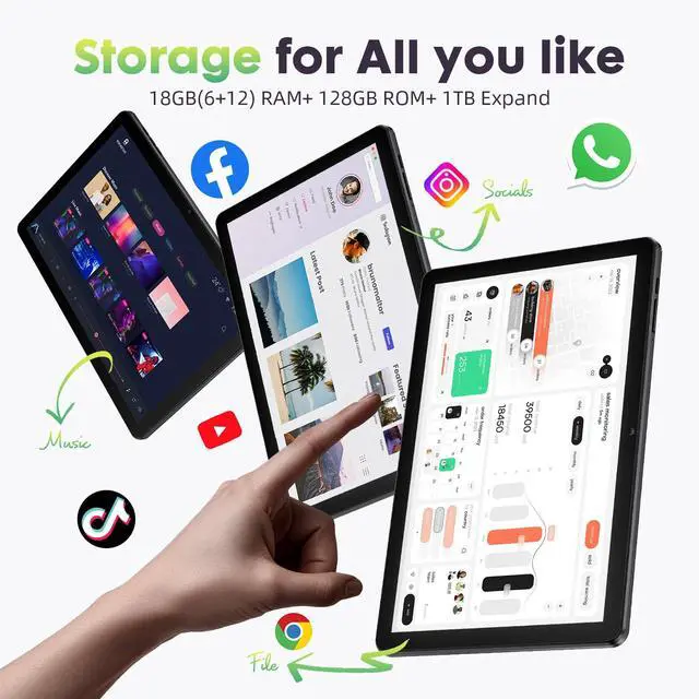Alt view image 3 of 5 - Tablet Android, Android 15 Tablet 10 Inch Tablets, Tablets for Adults, Octa-Core, 18GB RAM+128GB ROM+1TB Expand, 1280x800 IPS Display, , Widevine L1, GPS, 2.4G/5G WiFi, 5MP+8MP Camera, BT5.4, Black
