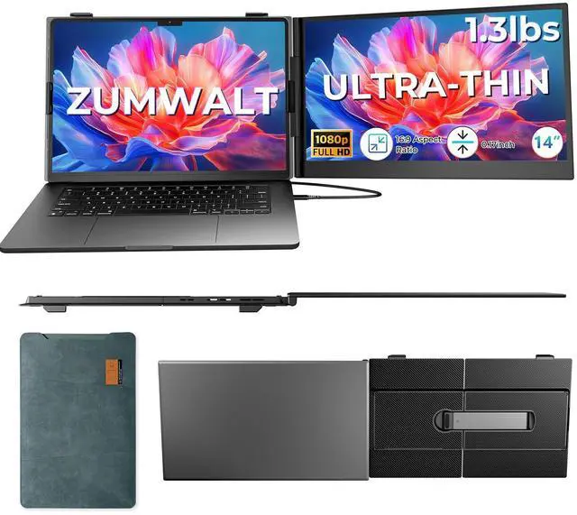 Main image of ZUMWALT Laptop Screen Extender, 14" FHD 1080P Dual Portable Monitor for Laptop, Ultra-Thin Travel Monitor Extender Fit 13-17.3, Plug and Play Compatible with Windows/Mac/Android/Chrome/Switch