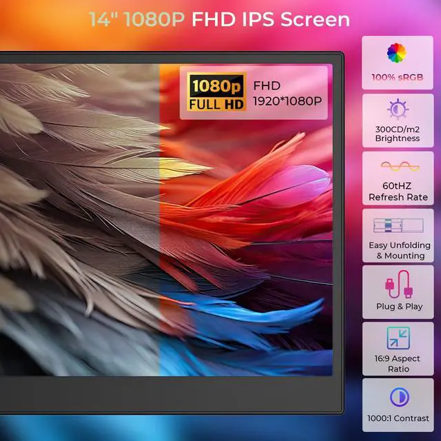 Alt view image 4 of 5 - ZUMWALT Laptop Screen Extender, 14" FHD 1080P Dual Portable Monitor for Laptop, Ultra-Thin Travel Monitor Extender Fit 13-17.3, Plug and Play Compatible with Windows/Mac/Android/Chrome/Switch