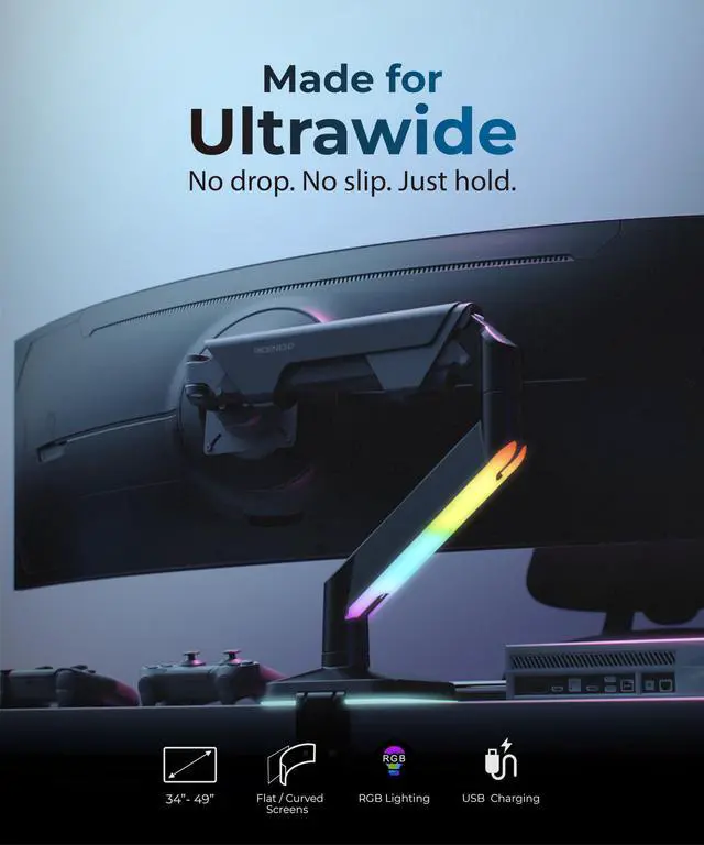 Alt view image 2 of 5 - Modernsolid Heavy Duty Ultrawide Monitor Arm with RGB Lighting & USB Charging, Fits 34 to 49 inch Curved Screens, Supports 14 to 38 lbs, Adjustable Desk Mount, Gaming Setup, Black