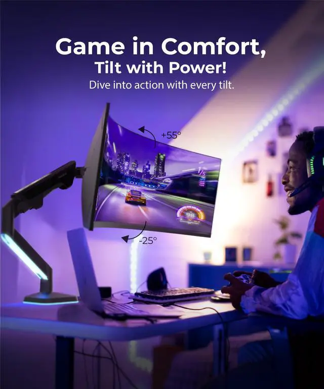 Alt view image 3 of 5 - Modernsolid Heavy Duty Ultrawide Monitor Arm with RGB Lighting & USB Charging, Fits 34 to 49 inch Curved Screens, Supports 14 to 38 lbs, Adjustable Desk Mount, Gaming Setup, Black