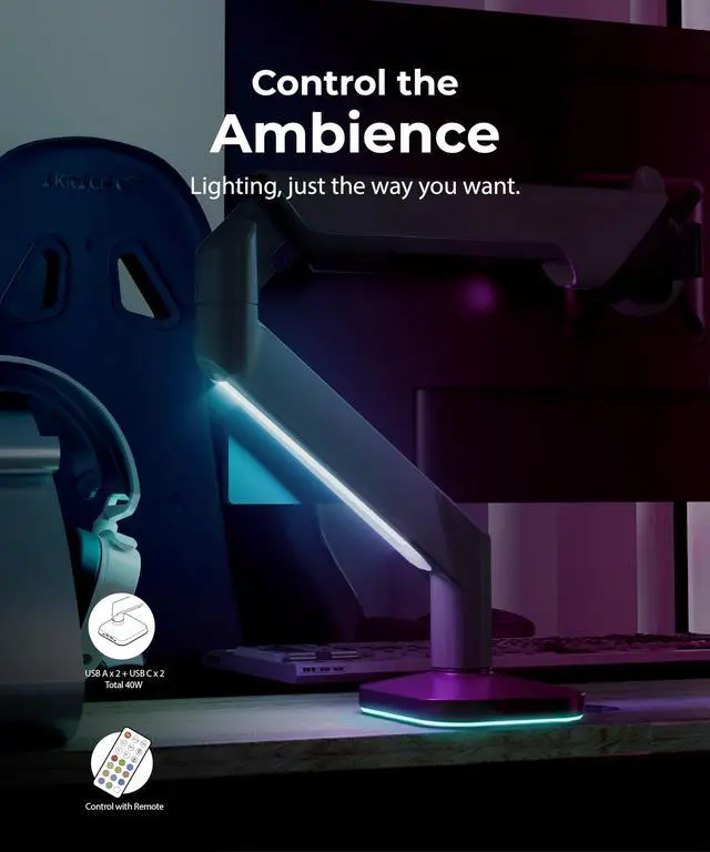 Alt view image 4 of 5 - Modernsolid Heavy Duty Ultrawide Monitor Arm with RGB Lighting & USB Charging, Fits 34 to 49 inch Curved Screens, Supports 14 to 38 lbs, Adjustable Desk Mount, Gaming Setup, Black