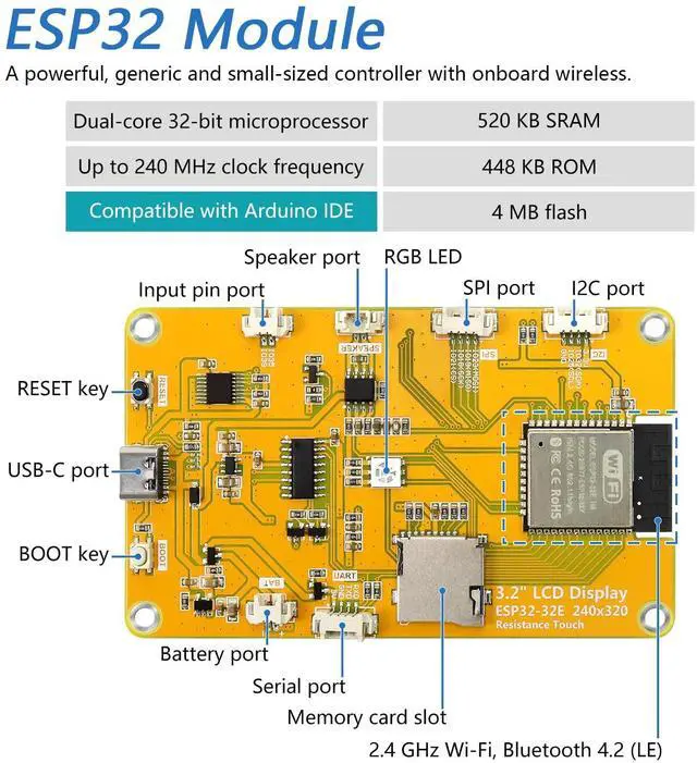Alt view image 3 of 5 - Freenove ESP32 Display CYD, 3.2 Inch Touchscreen Monitor, 240x320 Pixel IPS TFT LCD Screen ST7789 Driver, Dual-core 32-bit 240 MHz Microcontroller WiFi+BT, C Code LVGL Example Projects Tutorial