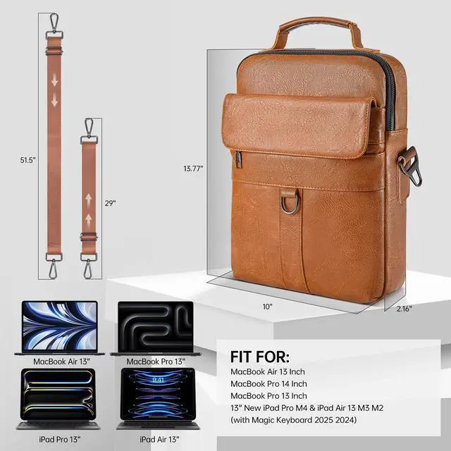Alt view image 2 of 5 - 13 Inch Laptop Shoulder Bag Leather Briefcase for iPad Air 13 inch M3 M2 2025 2024, iPad Pro 13" M4 with Magic Keyboard, iPad Pro 12.9 6/5/4/3, Vertical Laptop Sleeve Messenger Computer Bag, Brown