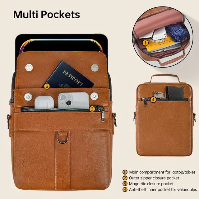 Alt view image 3 of 5 - 13 Inch Laptop Shoulder Bag Leather Briefcase for iPad Air 13 inch M3 M2 2025 2024, iPad Pro 13" M4 with Magic Keyboard, iPad Pro 12.9 6/5/4/3, Vertical Laptop Sleeve Messenger Computer Bag, Brown