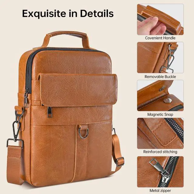 Alt view image 4 of 5 - 13 Inch Laptop Shoulder Bag Leather Briefcase for iPad Air 13 inch M3 M2 2025 2024, iPad Pro 13" M4 with Magic Keyboard, iPad Pro 12.9 6/5/4/3, Vertical Laptop Sleeve Messenger Computer Bag, Brown