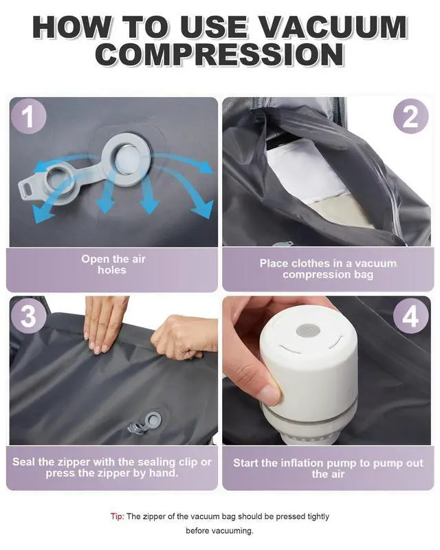 Alt view image 3 of 5 - VGCUB Vacuum Backpack Travel with Pump Vacpack System Storage Compression Carry on Work Laptop Waterproof College Bags Casual Daypack Backpacks for Women Men with USB Port Expandable Purple