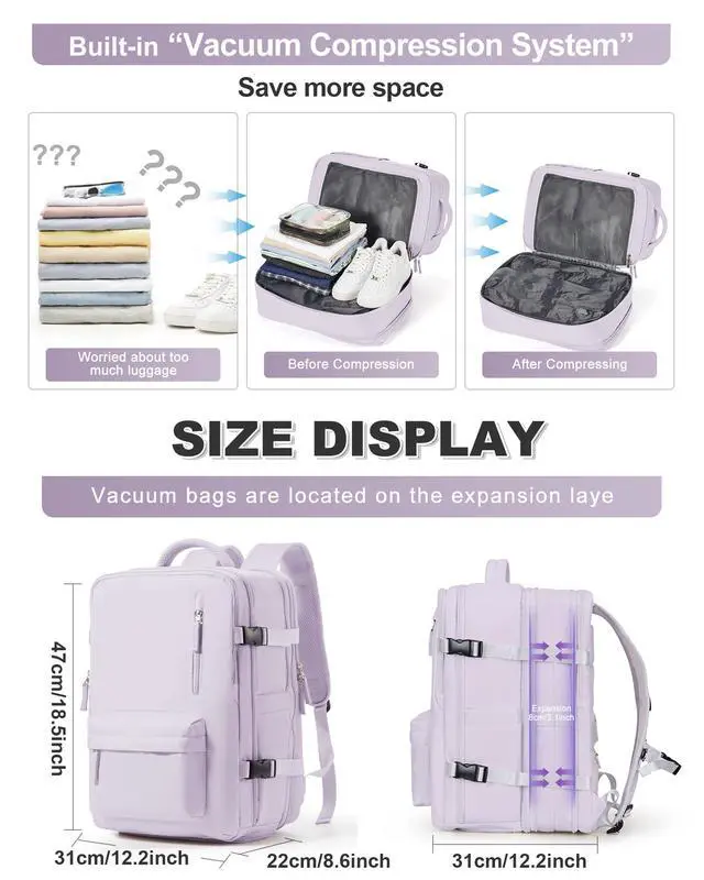 Alt view image 4 of 5 - VGCUB Vacuum Backpack Travel with Pump Vacpack System Storage Compression Carry on Work Laptop Waterproof College Bags Casual Daypack Backpacks for Women Men with USB Port Expandable Purple