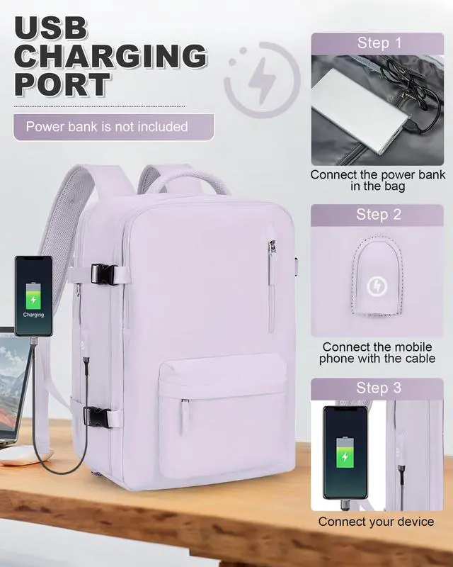 Alt view image 5 of 5 - VGCUB Vacuum Backpack Travel with Pump Vacpack System Storage Compression Carry on Work Laptop Waterproof College Bags Casual Daypack Backpacks for Women Men with USB Port Expandable Purple