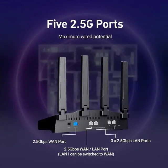 Alt view image 4 of 5 - GL.iNet GL-BE9300 (Flint 3) Tri-Band WiFi 7 Router, High-Speed 6GHz Gaming WiFi Router for Wireless Internet, Long Range, 5 x 2.5G VPN Routers for Fiber Optic Modem, Computer Routers, Home & Business
