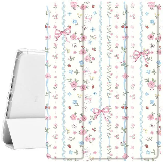 Main image of Idocolors Cute Kawaii Floral Bunny Bow Pad Case for 11 Inch iPad Air(2024), Clear TPU Smart Stand Back Cover with Pencil Holder, Auto Wake/Sleep Foldable Shockproof Protective Case for Women Girls