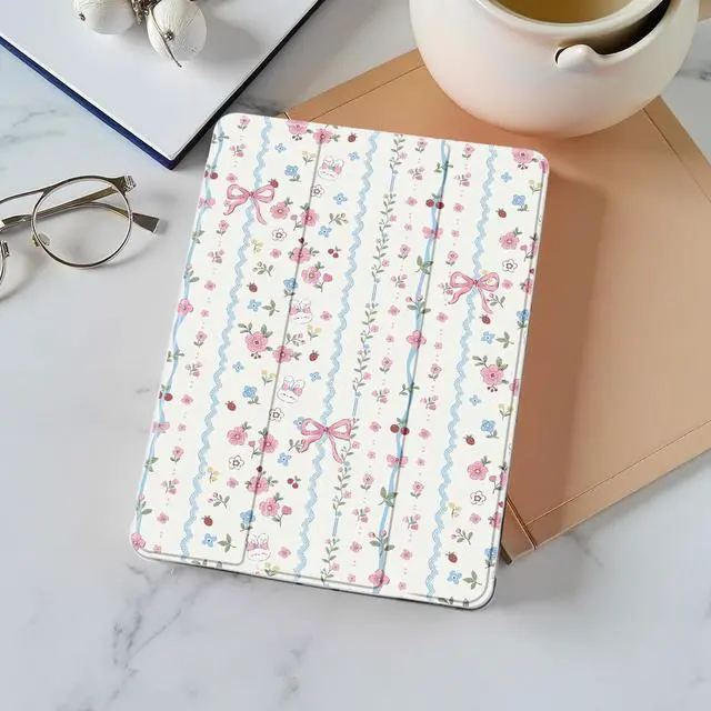 Alt view image 2 of 5 - Idocolors Cute Kawaii Floral Bunny Bow Pad Case for 11 Inch iPad Air(2024), Clear TPU Smart Stand Back Cover with Pencil Holder, Auto Wake/Sleep Foldable Shockproof Protective Case for Women Girls