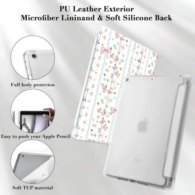 Alt view image 5 of 5 - Idocolors Cute Kawaii Floral Bunny Bow Pad Case for 11 Inch iPad Air(2024), Clear TPU Smart Stand Back Cover with Pencil Holder, Auto Wake/Sleep Foldable Shockproof Protective Case for Women Girls