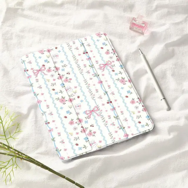 Alt view image 3 of 5 - Idocolors Cute Kawaii Floral Bunny Bow Pad Case for 11 Inch iPad Air(2024), Clear TPU Smart Stand Back Cover with Pencil Holder, Auto Wake/Sleep Foldable Shockproof Protective Case for Women Girls