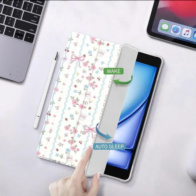 Alt view image 4 of 5 - Idocolors Cute Kawaii Floral Bunny Bow Pad Case for 11 Inch iPad Air(2024), Clear TPU Smart Stand Back Cover with Pencil Holder, Auto Wake/Sleep Foldable Shockproof Protective Case for Women Girls