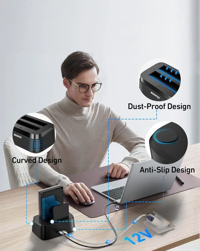 Alt view image 4 of 5 - BENFEI Hard Drive Docking Station with UASP Offline Clone Function, USB C Dual Bay Dock for 2.5/3.5" HDD SSD, Up to 5Gbps | Tool Free Installation