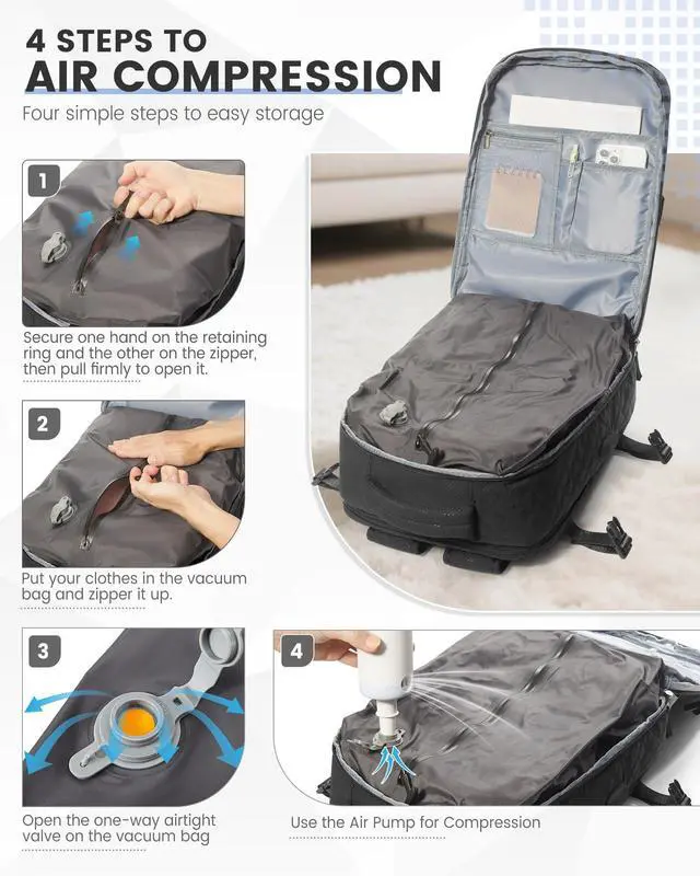 Alt view image 4 of 5 - suwasp Vacuum Backpack Travel with Pump, Travel Backpack for Women Men, Vacuum Compression Bags with Laptop Compartment/Shoe Compartment, Personal Item Carry On Backpacks Flight Approved, Black