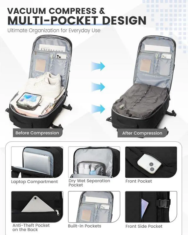 Alt view image 3 of 5 - suwasp Vacuum Backpack Travel with Pump, Travel Backpack for Women Men, Vacuum Compression Bags with Laptop Compartment/Shoe Compartment, Personal Item Carry On Backpacks Flight Approved, Black