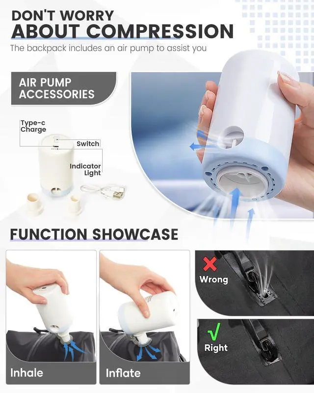 Alt view image 5 of 5 - suwasp Vacuum Backpack Travel with Pump, Travel Backpack for Women Men, Vacuum Compression Bags with Laptop Compartment/Shoe Compartment, Personal Item Carry On Backpacks Flight Approved, Black