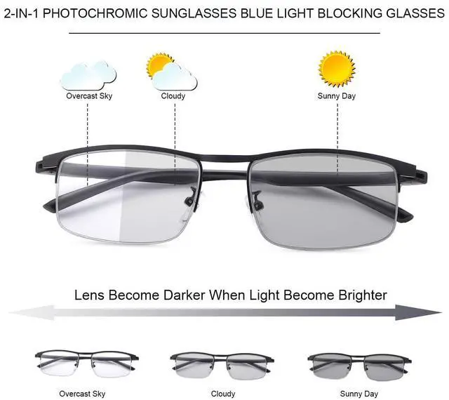 Alt view image 2 of 5 - YIMI Photochromic Sunglasses Blue Light Blocking Glasses for Men and Women Day Night Gaming TV Phones Computer Eyeglasses UV Protection Anti Glare Ultralight Semi Rimless TR90 Frame Eyewear Spectacles