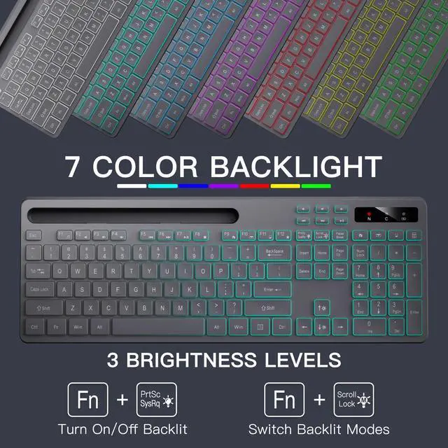 Alt view image 2 of 5 - Soueto Wireless Keyboard with 7-Color RGB Backlit, Full-Size Computer Keyboard with Phone Tablet Holder, 2.4G Rechargeable Gaming Keyboard with Light Up Keys, Compatible with Mac, Windows (Grey)