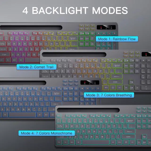 Alt view image 3 of 5 - Soueto Wireless Keyboard with 7-Color RGB Backlit, Full-Size Computer Keyboard with Phone Tablet Holder, 2.4G Rechargeable Gaming Keyboard with Light Up Keys, Compatible with Mac, Windows (Grey)