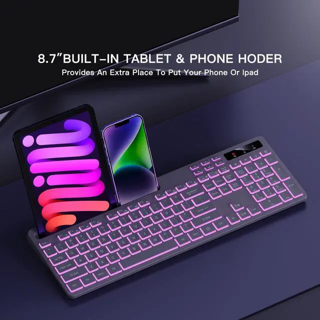 Alt view image 4 of 5 - Soueto Wireless Keyboard with 7-Color RGB Backlit, Full-Size Computer Keyboard with Phone Tablet Holder, 2.4G Rechargeable Gaming Keyboard with Light Up Keys, Compatible with Mac, Windows (Grey)