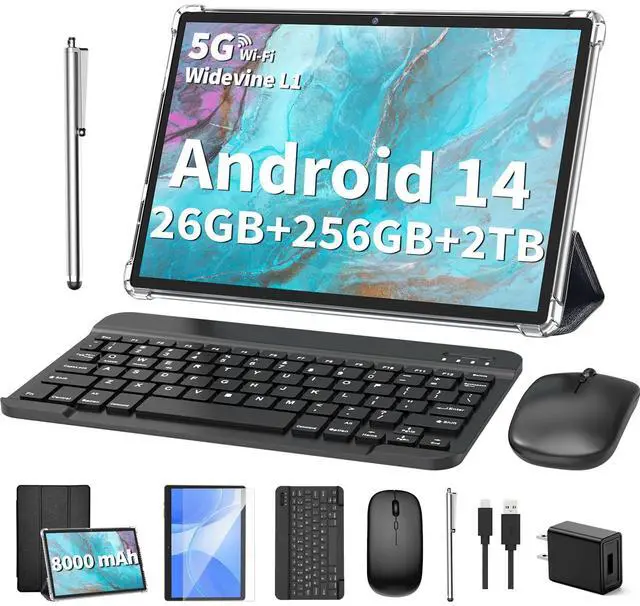 Main image of 2025 Tablet, Android 14 Tablets 10 inch with Keyboard, 26GB RAM+256GB ROM(2TB Expand), 2-in-1 Tablets with 8-Core, 8000mAh, 5G WiFi, Widevine L1, GMS, with Case, Keyboard, Mouse, Stylus(Black)