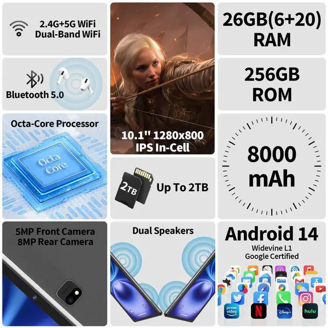 Alt view image 2 of 5 - 2025 Tablet, Android 14 Tablets 10 inch with Keyboard, 26GB RAM+256GB ROM(2TB Expand), 2-in-1 Tablets with 8-Core, 8000mAh, 5G WiFi, Widevine L1, GMS, with Case, Keyboard, Mouse, Stylus(Black)