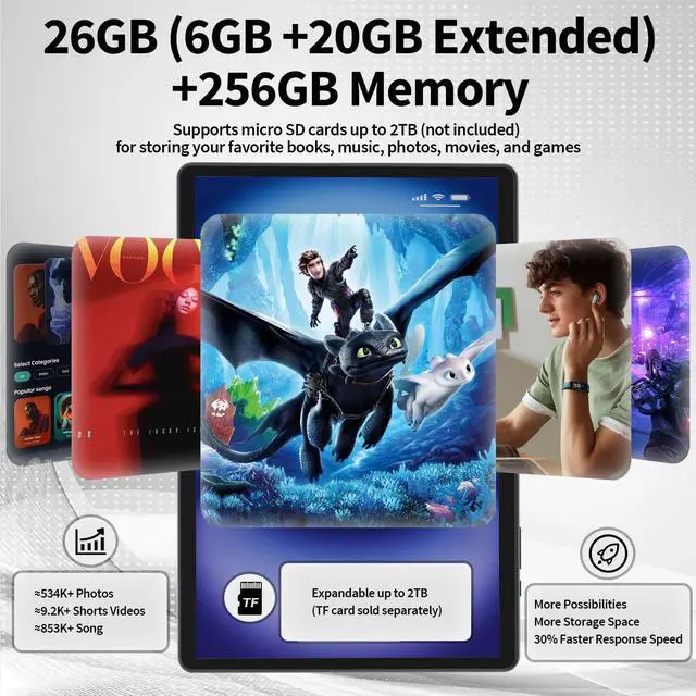 Alt view image 3 of 5 - 2025 Tablet, Android 14 Tablets 10 inch with Keyboard, 26GB RAM+256GB ROM(2TB Expand), 2-in-1 Tablets with 8-Core, 8000mAh, 5G WiFi, Widevine L1, GMS, with Case, Keyboard, Mouse, Stylus(Black)