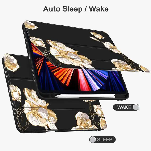 Alt view image 3 of 5 - Yebiseven Case for iPad Air 5th/Air 4th Generation 2022 2020, Clear Acrylic Back Shell for iPad Air 10.9 inch, Shockproof Tablet Case with Auto Sleep/Wake + Pencil Holder, Cherry Flowers