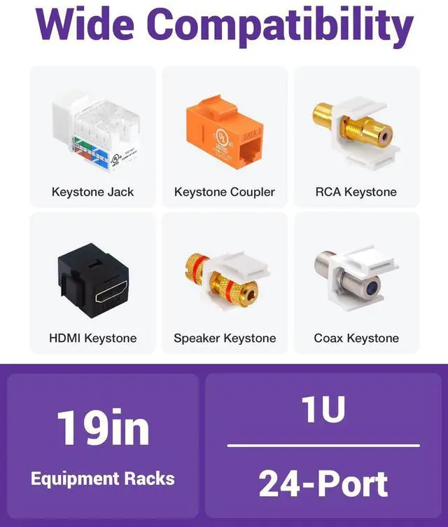 Alt view image 4 of 5 - VCE 24 Port Patch Panel, 1U Blank Cat6 Rackmount Panel for RJ45, HDMI, Coax, Speaker Keystones, 19 inch, 1 Pack