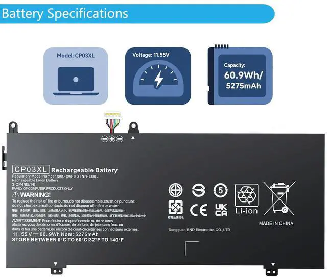 Alt view image 2 of 5 - CP03XL 929066-421 929072-855 Battery for Hp Spectre 13 X360 13-ae000 13-ae0xx 13-ae006no 13-ae001ng 13-ae040ng 13-ae049ng 13-ae013dx ae011dx 13t-ae000 13t-ae012dx HSTNN-LB8E (11.55V 60.9Wh 5275mAh)